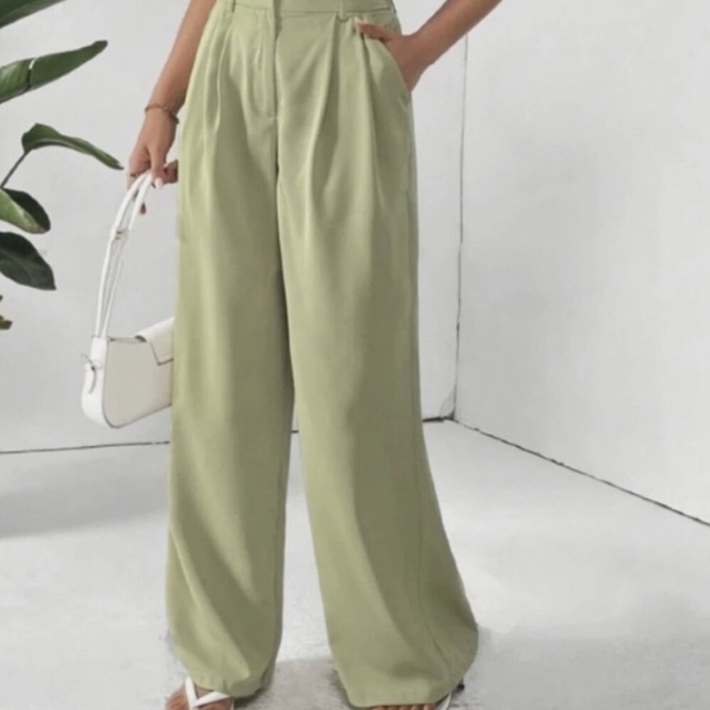 Zara Wide Leg Trouser Pants - Olive Green - Size M